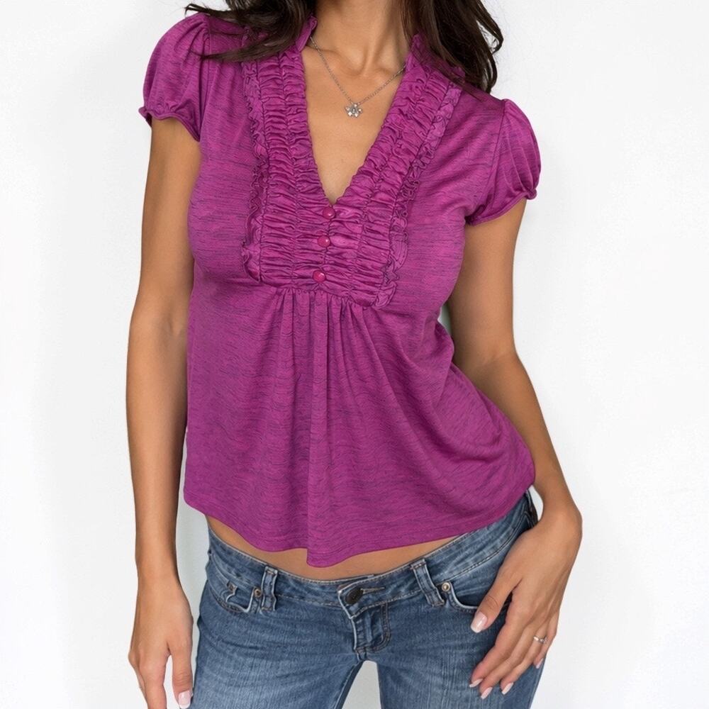 Y2K My Michelle Purple Ruffle Smocked Tie Back Blouse Size Medium